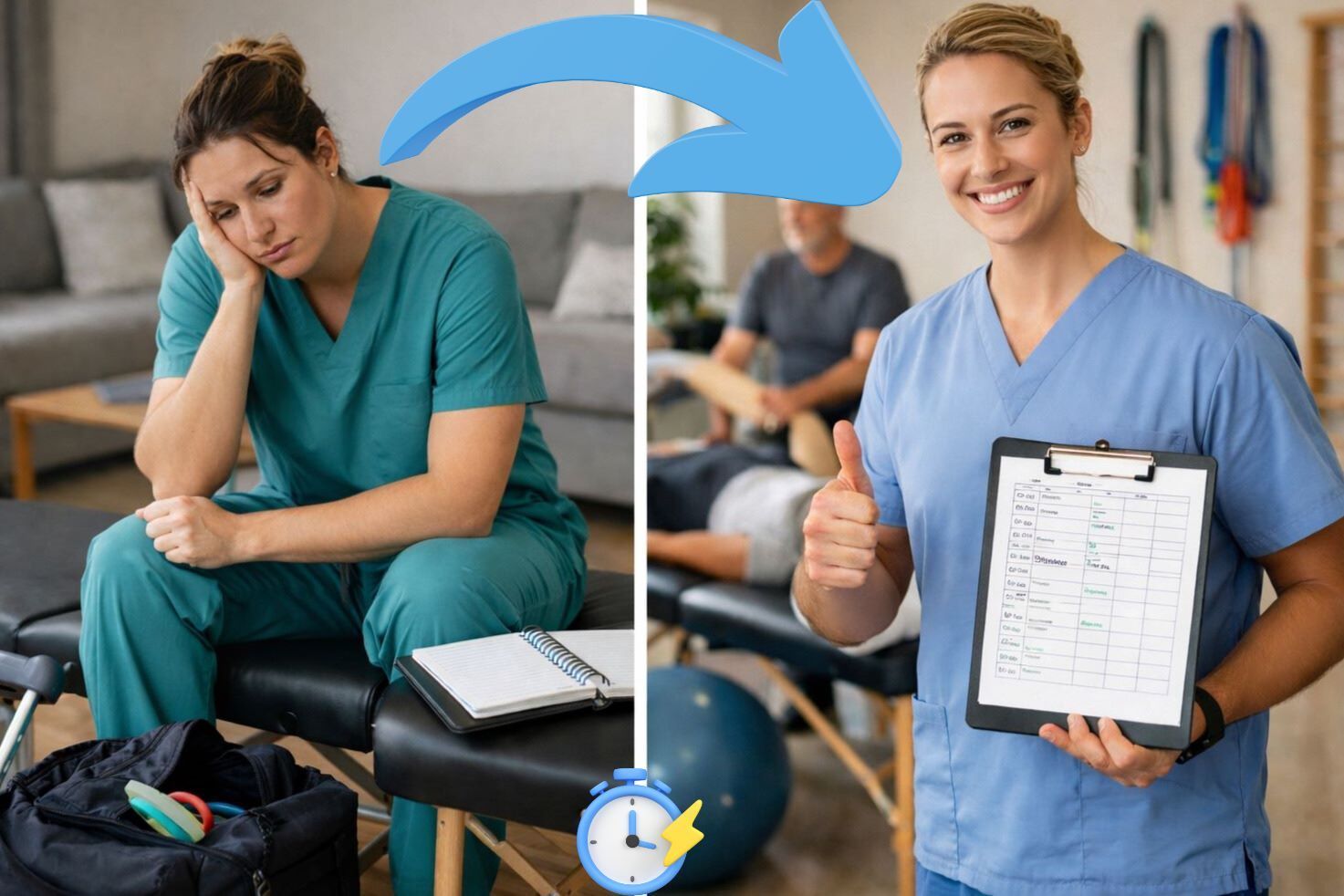 Antes e depois de fisioterapeuta mostrando transformação no atendimento domiciliar